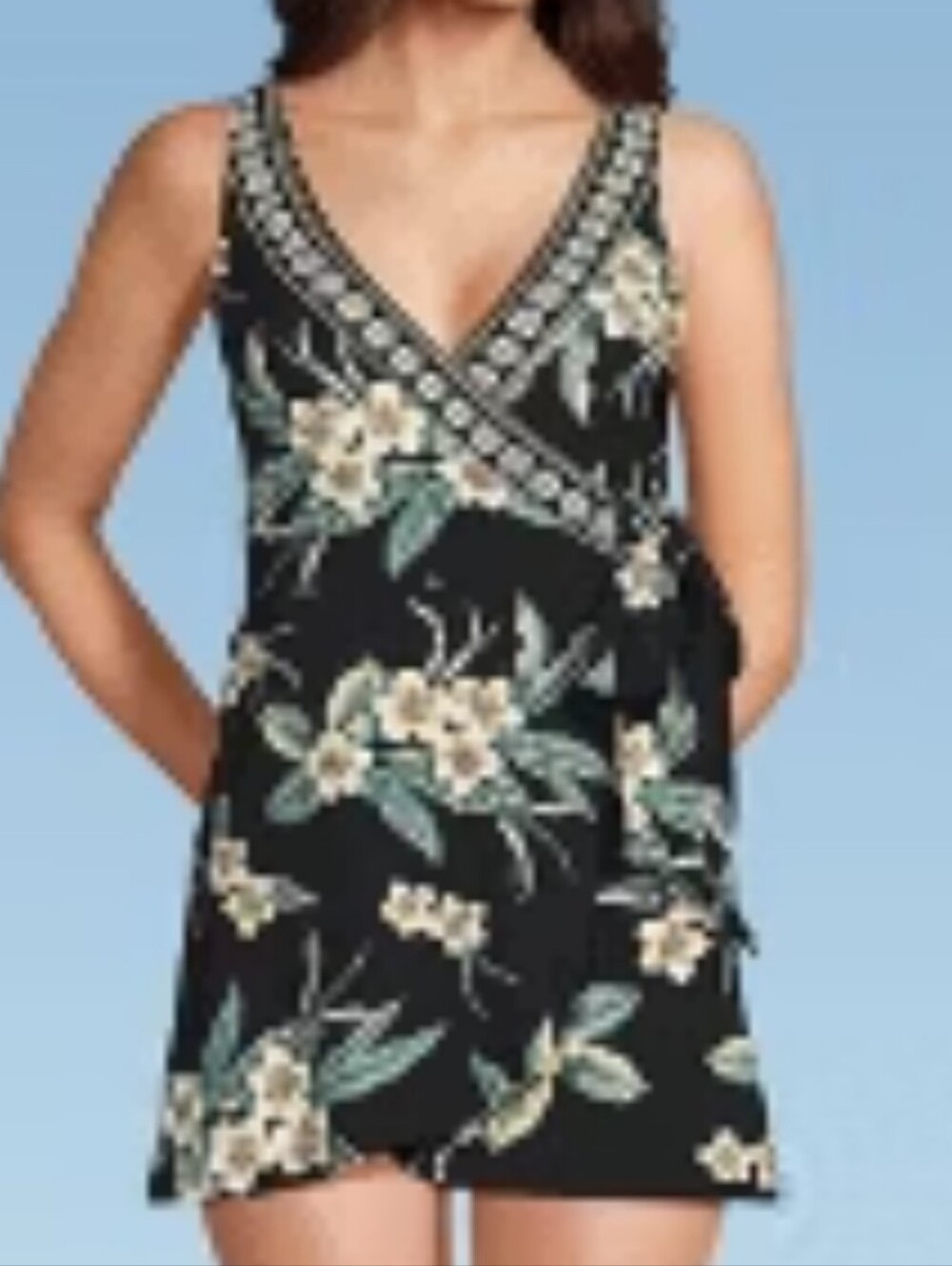 Land's End Size 8 One Piece Slender Suit Wrap  black plumeria NWT NEW SWIMSUIT
